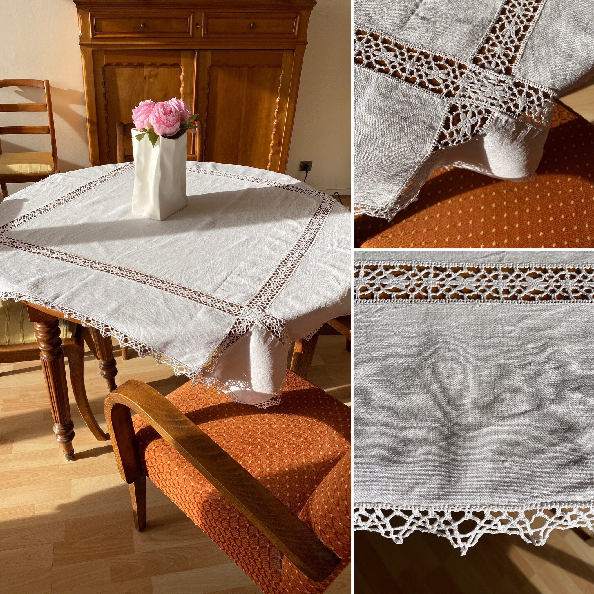 Antic Tablecloth, White Linen Fabric, & Crochet Work .