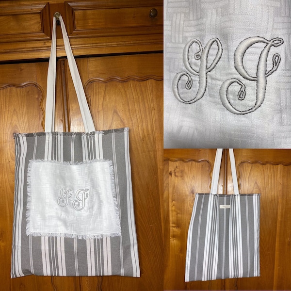Tote bag made of ticking and antic napkin handmade embroidered monogram SG