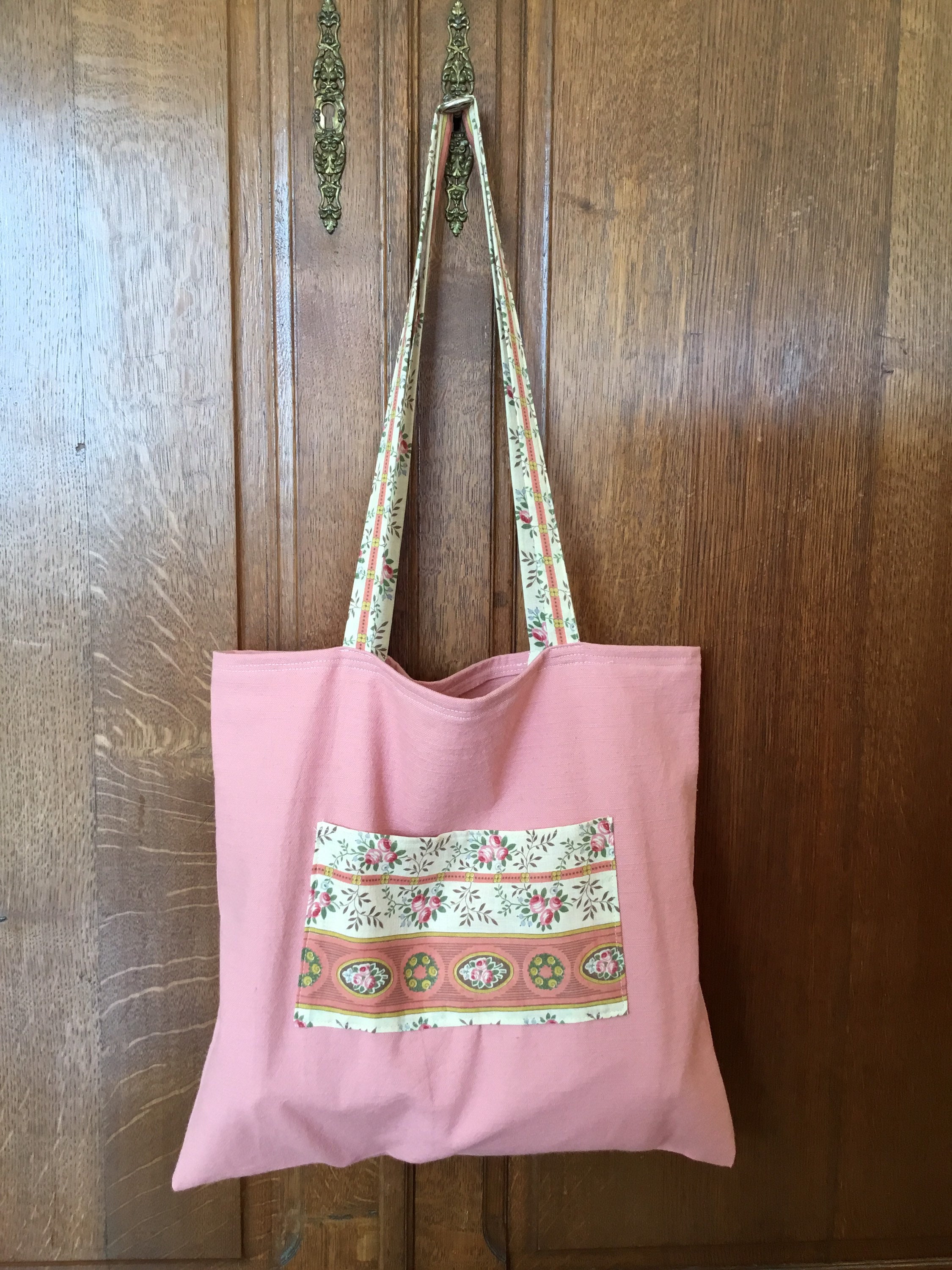 Tote Bag Made of Old Printed Linen and Thick Cotton With a
