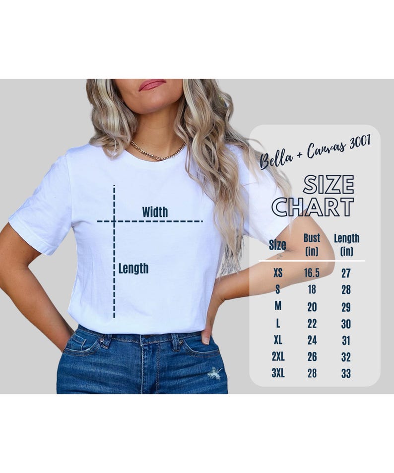 K&ouml;nnte beinhalten: Eine wei&szlig;e Bella + Canvas 3001 T-Shirt Gr&ouml;&szlig;entabelle mit Ma&szlig;en in Zoll. Die Tabelle zeigt Brust- und L&auml;ngenma&szlig;e f&uuml;r die Gr&ouml;&szlig;en XS, S, M, L, XL, 2XL und 3XL.