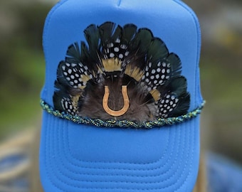 The Churchill | Winged Gypsy | DERBY Feathered Trucker Hat – Boho Style with Rhinestone Brim, Horseshoe Accent