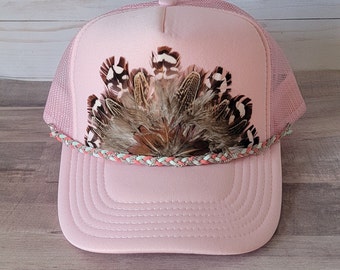 Winged Gypsy - Pink Trucker hat with removable chain | Feathered Trucker Hat | Boho Trucker Hat | Nashville | Cowboy | Baseball Cap