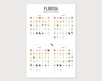 FLORIDA Four Seasons Poster, Fruit and Vegetable, Seasonal Food Chart, Kitchen Art Print, Eat Seasonally, Vegan