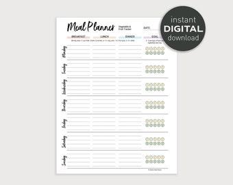 Fruit & Vegetable Tracker and Meal Planner - Instant Digital Printable Download, Weekly Template, Letter/A4