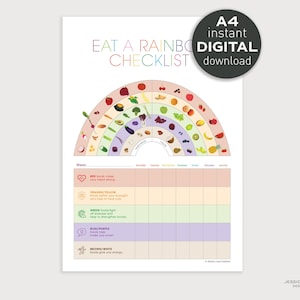 Eat A Rainbow Checklist - A4 Instant Digital Download, Nutritional Food Print, Color Chart, Educational Kids Poster, Printable Diet Tracker