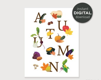 AUTUMN Vegetables, Fall Leaves, and Typography Art Print - Instant Digital Download, Home Wall Decor, Seasonal Vegetables Poster