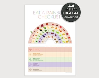 Eat A Rainbow Checklist - A4 Instant Digital Download, Nutritional Food Print, Color Chart, Educational Kids Poster, Printable Diet Tracker