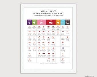 ANIMAL PROTEIN Food Chart Poster -  Top Protein Rich Meats Keto Food Guide, Education Nutrition Art Print, Healthy Eating Kitchen Wall Decor