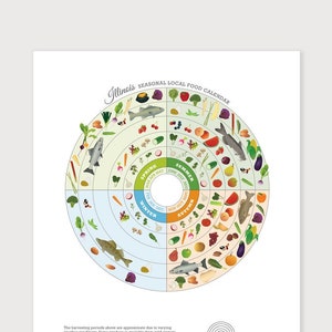 ILLINOIS lokaler Lebensmittelführer, Küchenwandkunst, Kunstdruck lokaler Produkte, Rad der Saisonprodukte, Lebensmittelkunstdruck