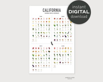CALIFORNIA Four Seasons - PRINTABLE Digital Download, Fruit and Vegetable, Local Seasonal Food Chart, Healthy Eating Guide, Kitchen Wall Art