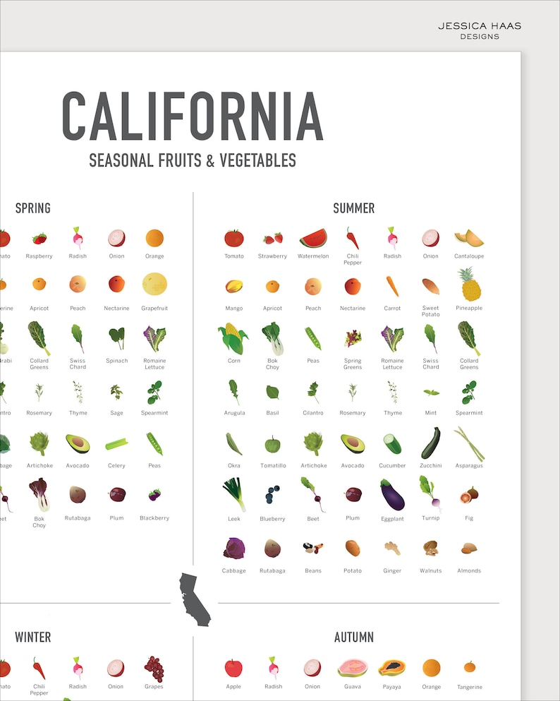 May include: A colorful infographic showing the seasonal fruits and vegetables that are available in California throughout the year. The infographic is divided into four sections: Spring, Summer, Autumn, and Winter. Each section lists the fruits and vegetables that are in season during that time of year.