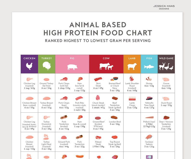K&ouml;nnte beinhalten: Eine Tabelle, die den Proteingehalt verschiedener tierischer Lebensmittel vergleicht, geordnet vom h&ouml;chsten zum niedrigsten Gramm pro Portion. Die Tabelle umfasst Huhn, Truthahn, Schwein, Rind, Lamm, Fisch und Wild. Jede Kategorie zeigt ein Cartoon-Tier und eine Liste verschiedener Fleischst&uuml;cke mit ihrem entsprechenden Proteingehalt in Unzen und Gramm.