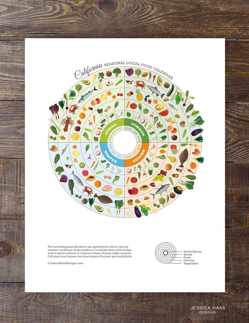 California Seasonal Food Guide, Kitchen Wall Decor, Local Produce Art Print, Healthy Food Chart, Food Art Print image 8