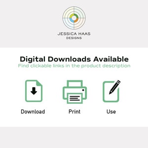 K&ouml;nnte beinhalten: Grafik f&uuml;r digitale Downloads verf&uuml;gbar mit drei Symbolen: eine gr&uuml;ne Datei mit einem Abw&auml;rtspfeil, ein gr&uuml;ner Drucker mit einem Dokument und ein gr&uuml;ner Notizblock mit einem Bleistift. Der Text "Digitale Downloads verf&uuml;gbar" ist in Schwarz und der Text "Finden Sie klickbare Links in der Produktbeschreibung" ist in Grau.