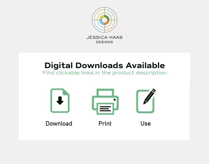 K&ouml;nnte beinhalten: Grafik f&uuml;r digitale Downloads verf&uuml;gbar mit drei Symbolen: eine gr&uuml;ne Datei mit einem Abw&auml;rtspfeil, ein gr&uuml;ner Drucker mit einem Dokument und ein gr&uuml;ner Notizblock mit einem Bleistift. Der Text "Digitale Downloads verf&uuml;gbar" ist in Schwarz und der Text "Finden Sie klickbare Links in der Produktbeschreibung" ist in Grau.