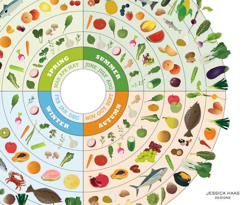 California Seasonal Food Guide, Kitchen Wall Decor, Local Produce Art Print, Healthy Food Chart, Food Art Print image 7