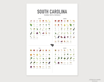 South Carolina Seasonal Fruit & Vegetable Poster, Kitchen Art Print
