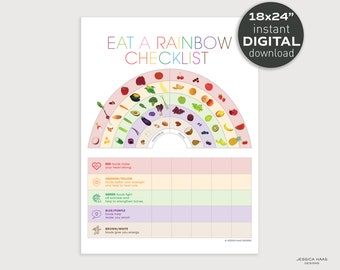 Póster con la lista de verificación "Come un arcoíris" – Nutrición infantil, tabla educativa de alimentos (descarga digital)