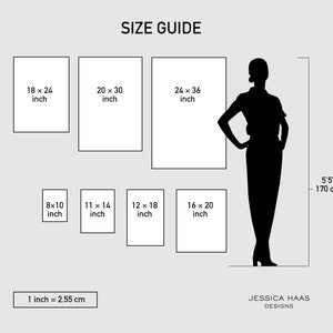 K&ouml;nnte beinhalten: Gr&ouml;&szlig;en&uuml;bersicht f&uuml;r Kunstdrucke, die verschiedene Gr&ouml;&szlig;en in Zoll zeigt, mit einer Silhouette einer Person als Ma&szlig;stab. Der Leitfaden umfasst Gr&ouml;&szlig;en von 8x10 Zoll bis 24x36 Zoll.