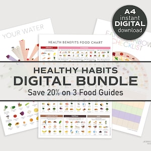 健康的な習慣の食品チャートバンドル - A4 印刷可能なデジタルダウンロード、健康上の利点ビタミンミネラルガイド教育栄養キッチンアート