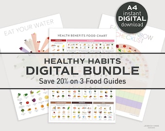 Healthy Habits Food Charts Bundle - A4 PRINTABLE Digital Download, Health Benefits Vitamin Mineral Guide Education Nutrition Kitchen Art