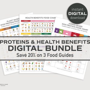 Proteins + Health Benefits Food Chart Bundle - PRINTABLE Digital Download, Healthy Eating Education Nutrition Keto Diet Kitchen Art