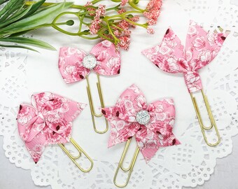 Vintage Pink Floral Planner Bow Clip, Flag Clip or Bow Charm