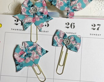 Turquoise & Pink Floral Planner Bow Clip, Flag Clip or Bow Charm