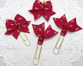 Tiny Gold Bows on Deep Red Planner Bow Clip, Flag Clip or Bow Charm