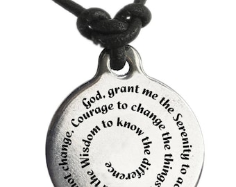 Serenity Prayer Pendant Leather Medallion Necklace Men Women, NA Narcotics Anonymous, AA Alcoholics Anonymous, Sobriety Years Gift
