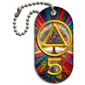 May include: A colorful, psychedelic-style dog tag with a gold triangle inside a circle, a tree growing from the triangle, and the number 5 below. The background is a rainbow of colors.