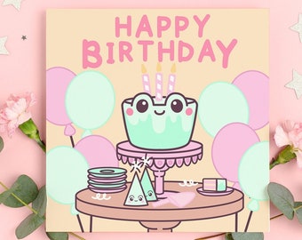 Frog Happy Birthday Card, Froggy Birthday Card, Kawaii Birthday Card,