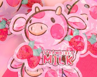 Pegatina de leche de fresa, pegatina de vaca de fresa, pegatina holográfica, pegatina troquelada, pegatina kawaii,
