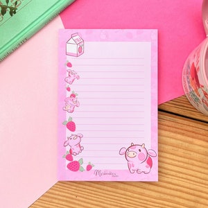 Latte alla fragola, Lista delle cose da fare, Blocco note del pianificatore, Mucca alla fragola, Cancelleria Kawaii, Blocco note carino, 50 fogli con supporto in cartone
