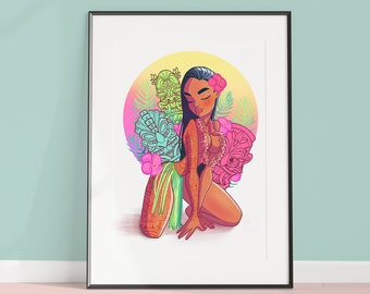 Hula Girl Art, Tiki Art, Tropical Paradise Pinup Art