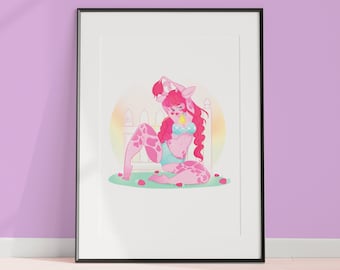 Strawberry MIlk Cow Artwork, Sexy Pinup Artwork, Farm Girl Pinup Art, Digital Print