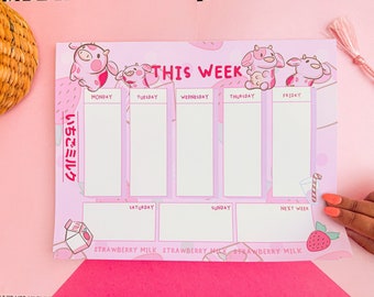 Strawberry Cow Weekly Planner for Weekly and Daily Schedules. Make To Do Lists got School, College and The Office. Cute Kawaii Aesthetic