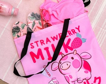 Strawberry Milk Cow Tote bag For School or Going To Market, Kawaii Tote with Korean/ Japanese Aesthetic