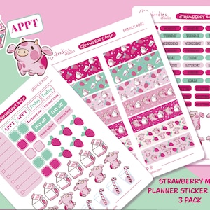 Strawberry Milk Planner Sticker Sheets, Strawberry Sticker Set, Pink Planner Sticker Sheets, Weekly Planner, Organizational Stickers