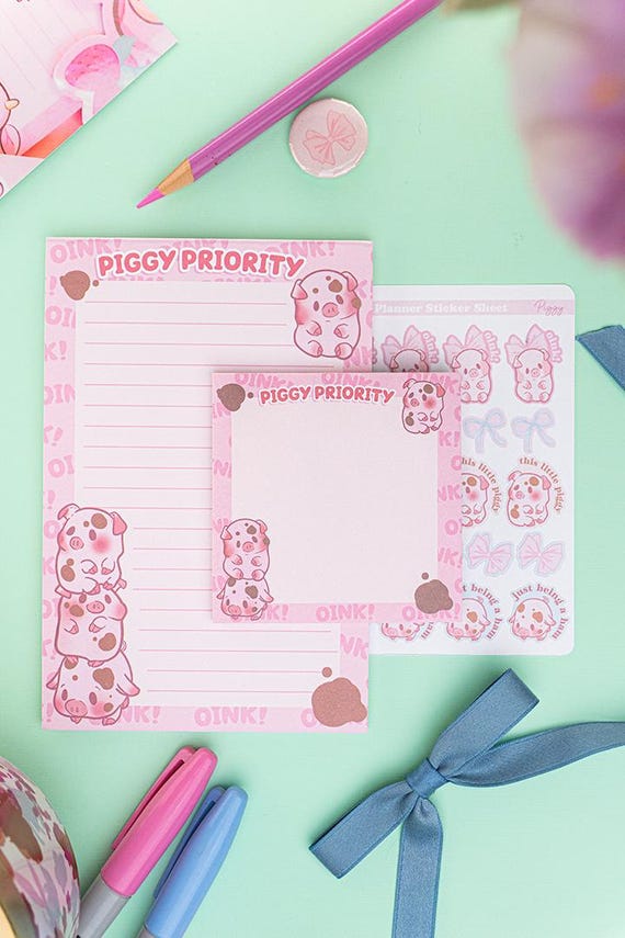 Pig Stationery Set: Kawaii Notepad, To-Do List, Piggy Themed Desk Organizer