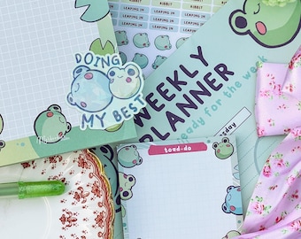 Bureauhouder, mintgroen briefpapier kikker, productiviteit kawaii-thema, dagelijkse planningsset, weekplannerkit, essentiële takenlijst