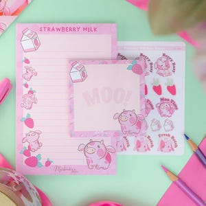 Erdbeermilch Briefpapier Set: Pinker Notizblock, Notizzettel, Planersticker