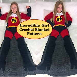Può includere: Uno schema per una coperta all'uncinetto per una ragazza supereroina. La coperta è rossa, nera e grigia e presenta un mantello e un simbolo sul petto. Lo schema si chiama "Incredible Girl Crochet Blanket Pattern".
