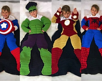 Superhero Crochet Blanket Pattern PDF File Instructions: Spiderhero, Captain USA, Green Monster, and Metalman