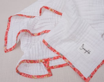 Ready to ship!  Bunnylulu Heirloom Blanket in Organic Cotton Gauze with Liberty London's "Betsy" Print Binding in Coral