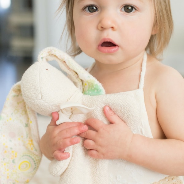 Heirloom Bunny Lovey - Personalized Gift - Organic Cotton  + Liberty of London "Milky Way" - Yellow