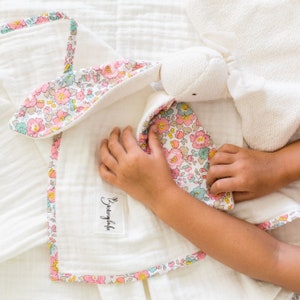 Heirloom Bunny Lovey - Personalized Gift - Organic Cotton  + Liberty of London "Betsy" - Peachy Pink