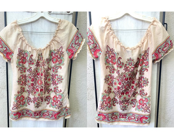 Vintage Inspired Cream Linen Top with Paisley Des… - image 3