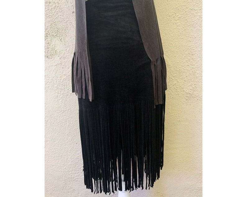 Vintage Inspired Black Ultrasuede Fringe Skirt, Extra Small image 4