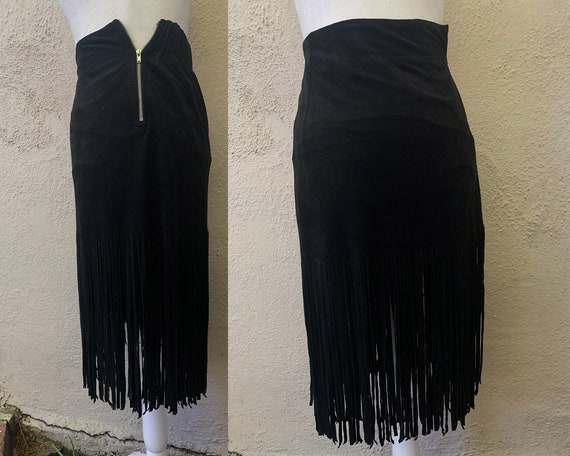 Vintage Inspired Black Ultrasuede Fringe Skirt, E… - image 3